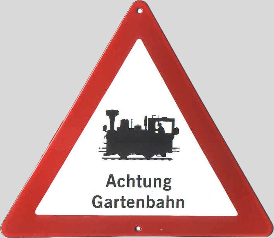 Verkehrsschild Achtung Gartenbahn Kantenlänge 250 mm Emaille